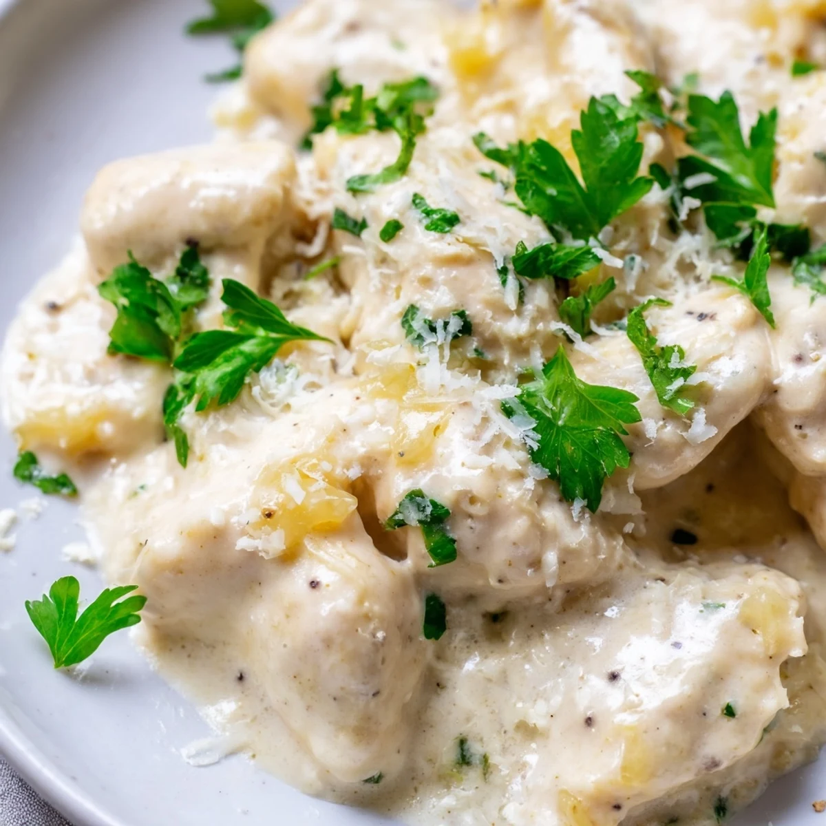 Golden chicken breasts swimming in a rich, creamy garlic Parmesan sauce garnished with fresh parsley