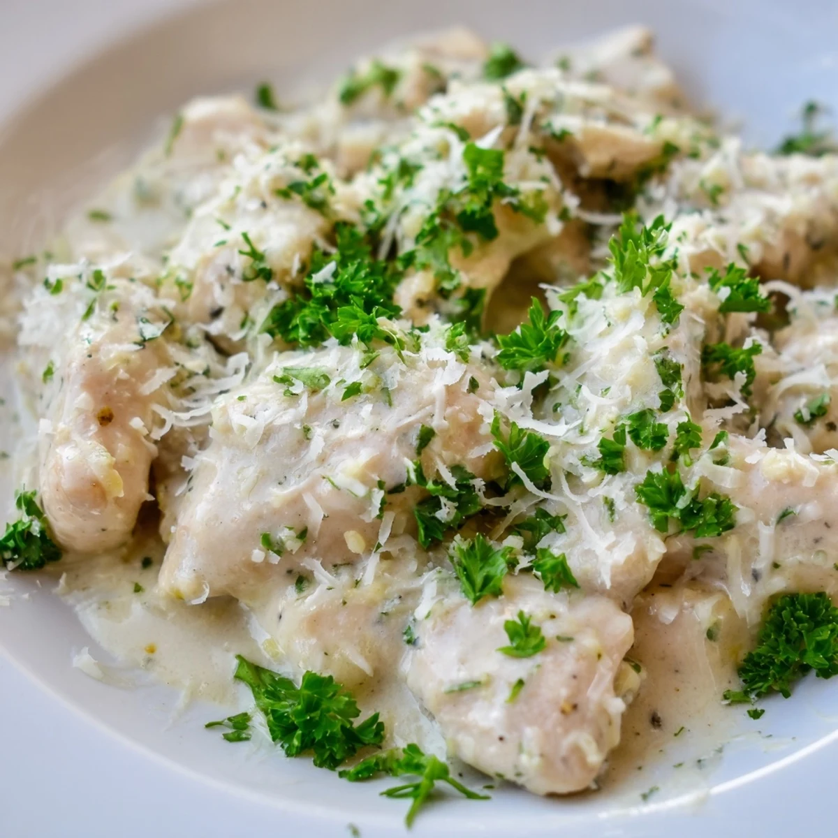 Creamy Crockpot garlic Parmesan chicken served over rice with a luscious velvety white sauce coating