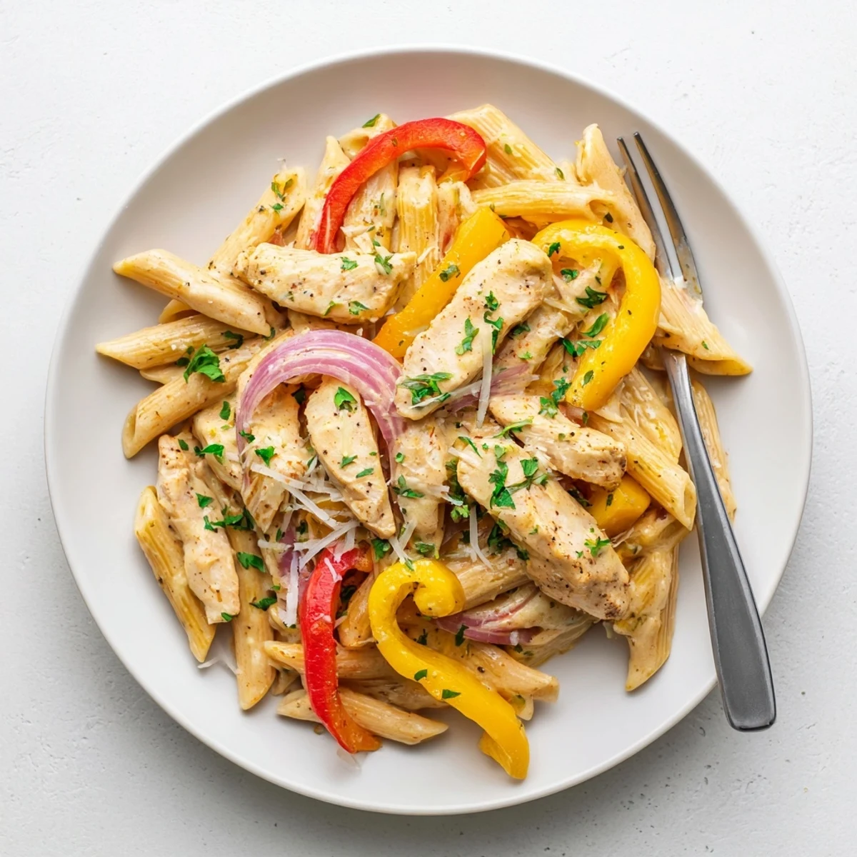 Creamy Cajun chicken pasta coated in spicy sauce with colorful bell pepper slices