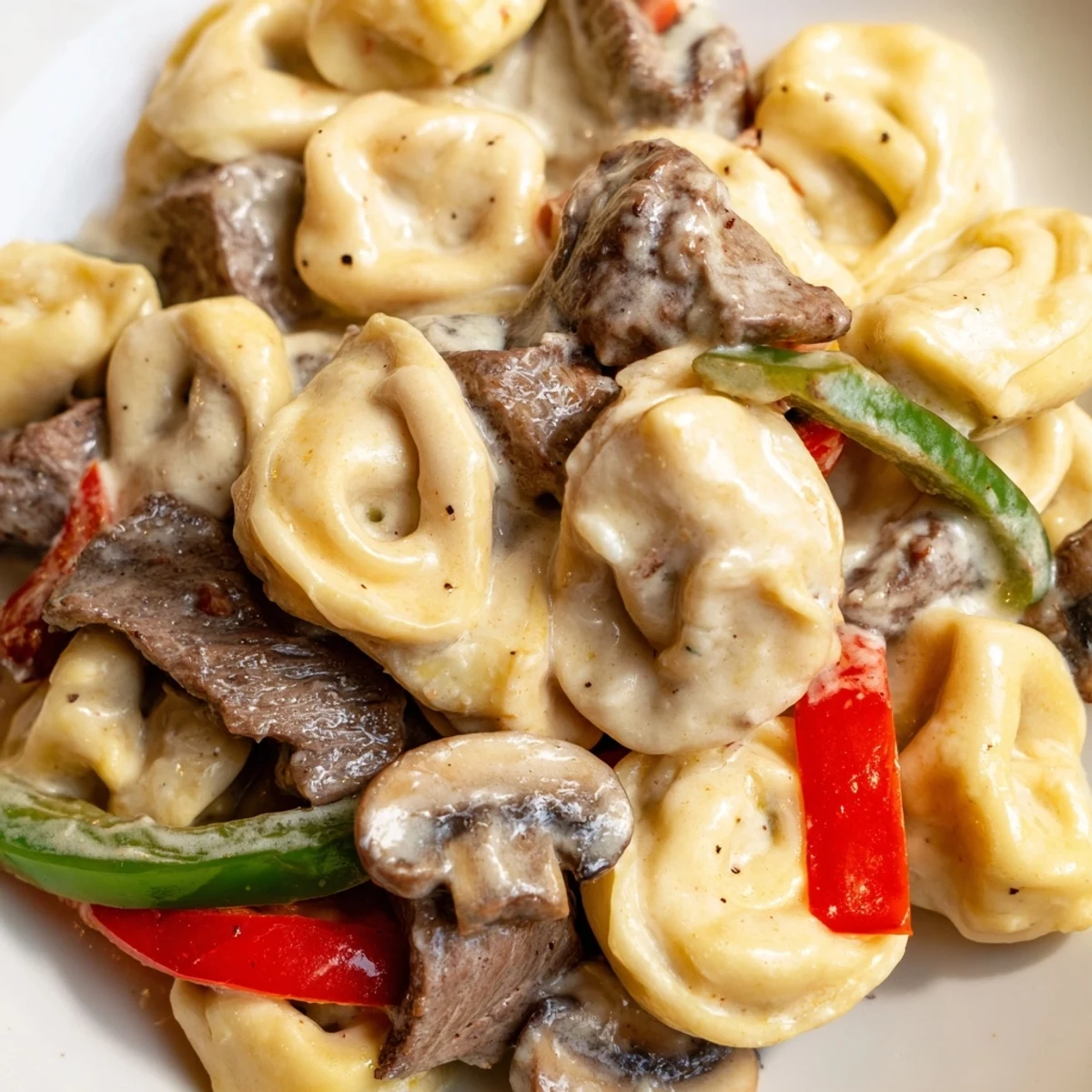 Creamy Crock Pot Cheesesteak Tortellini bowl with cheesy tortellini, sliced steak, and vegetables in a rich white sauce.