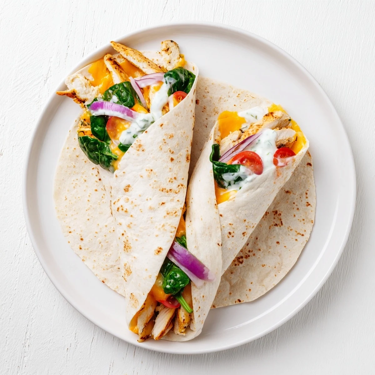 Golden low carb cheesy garlic chicken wraps with melted cheese and fresh vegetables