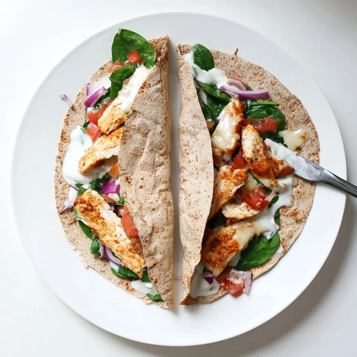 Toasted low carb cheesy garlic chicken wraps drizzled with creamy garlic sauce on plate