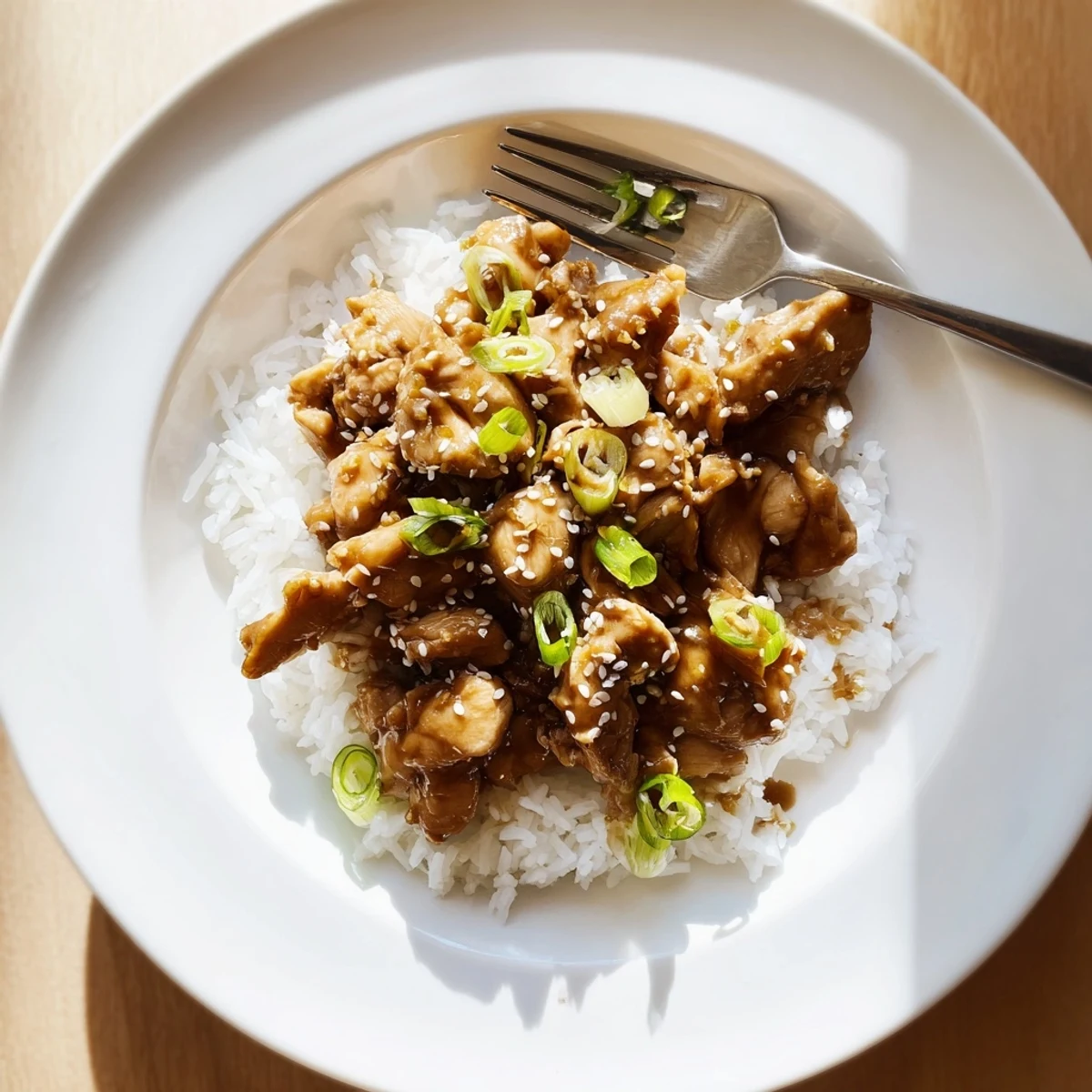 Tender slow cooked teriyaki chicken garnished with green onions and sesame seeds