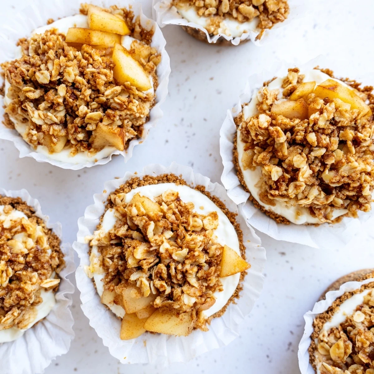 Golden mini cheesecakes topped with warm cinnamon spiced apple crisp crumble in paper liners