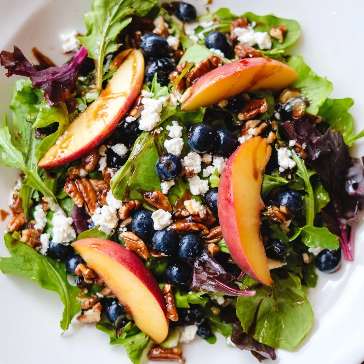 Fresh blueberry peach feta salad with juicy ripe peaches and creamy feta cheese