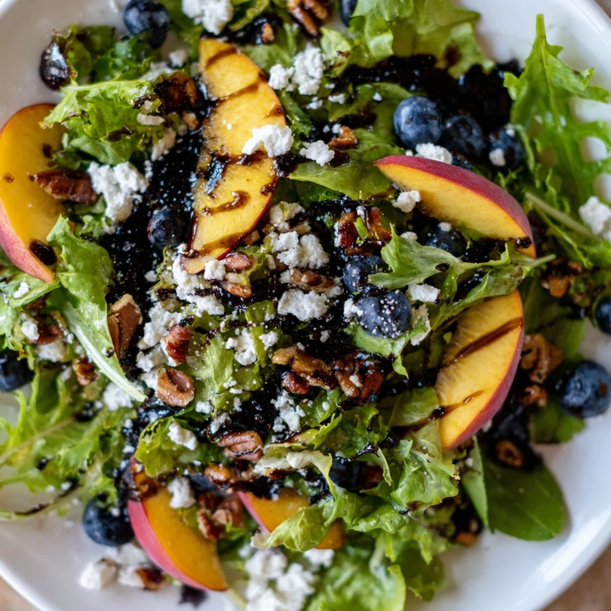 Vibrant summer salad tossed with balsamic dressing featuring crisp greens and sweet blueberries
