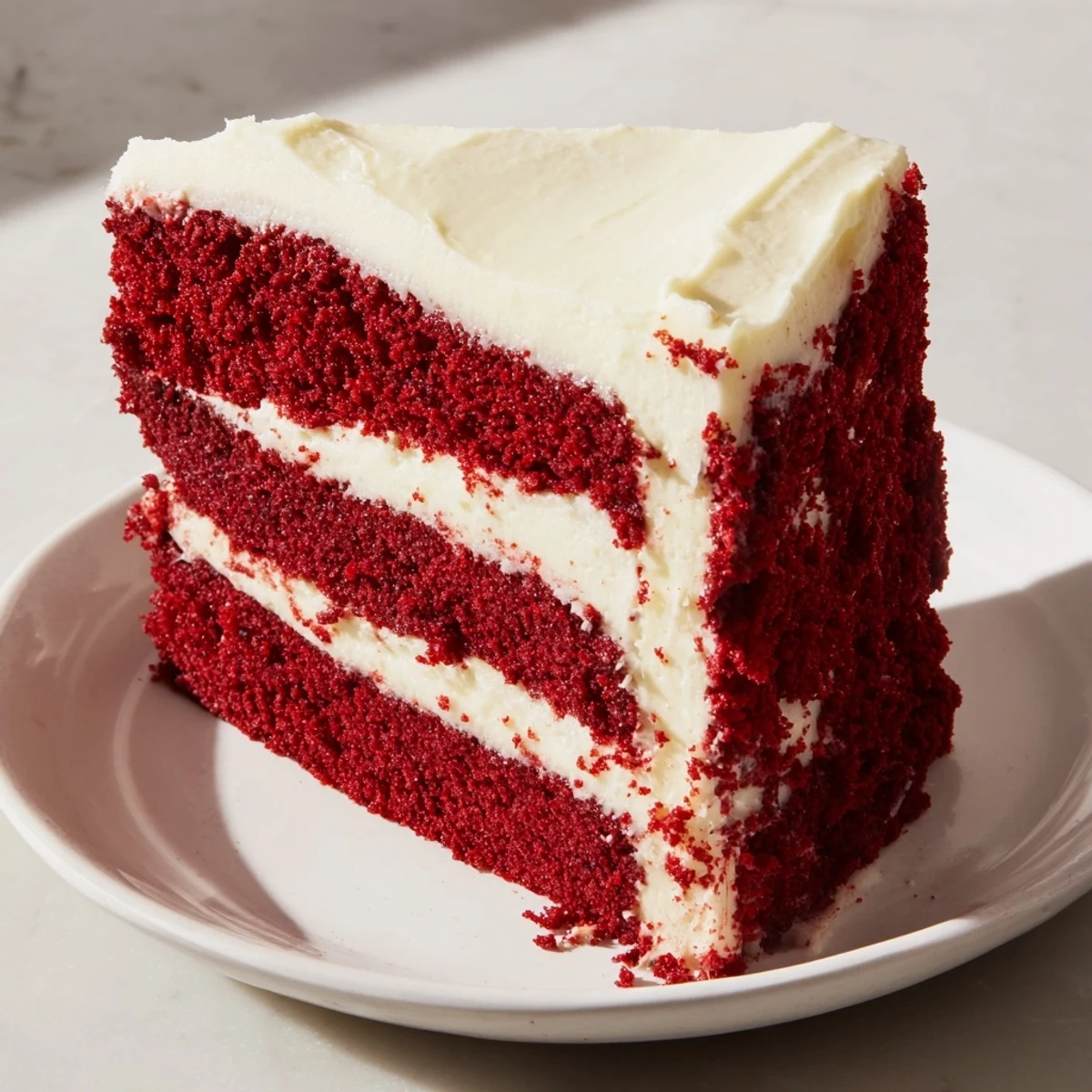 Two-layer red velvet cake with creamy white frosting and red crumbs