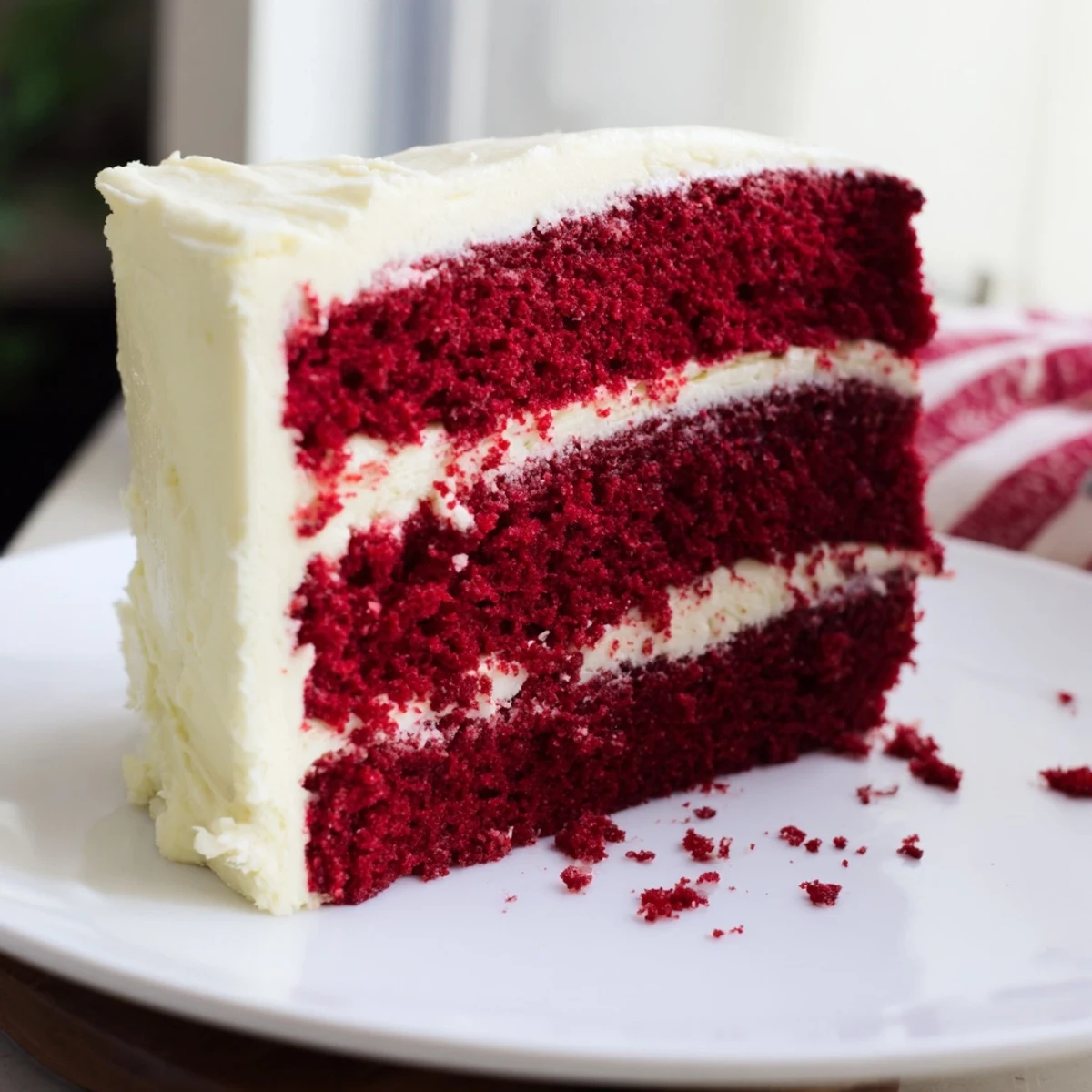 Moist red velvet cake slice topped with rich cream cheese frosting