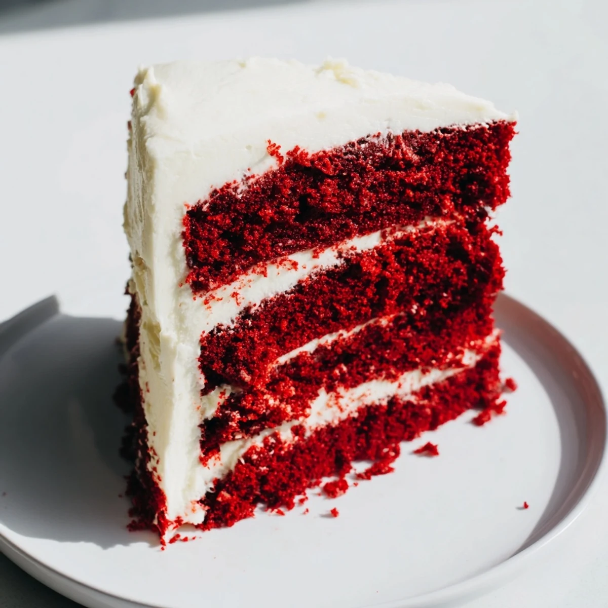 Classic red velvet cake with velvety texture and smooth buttery frosting