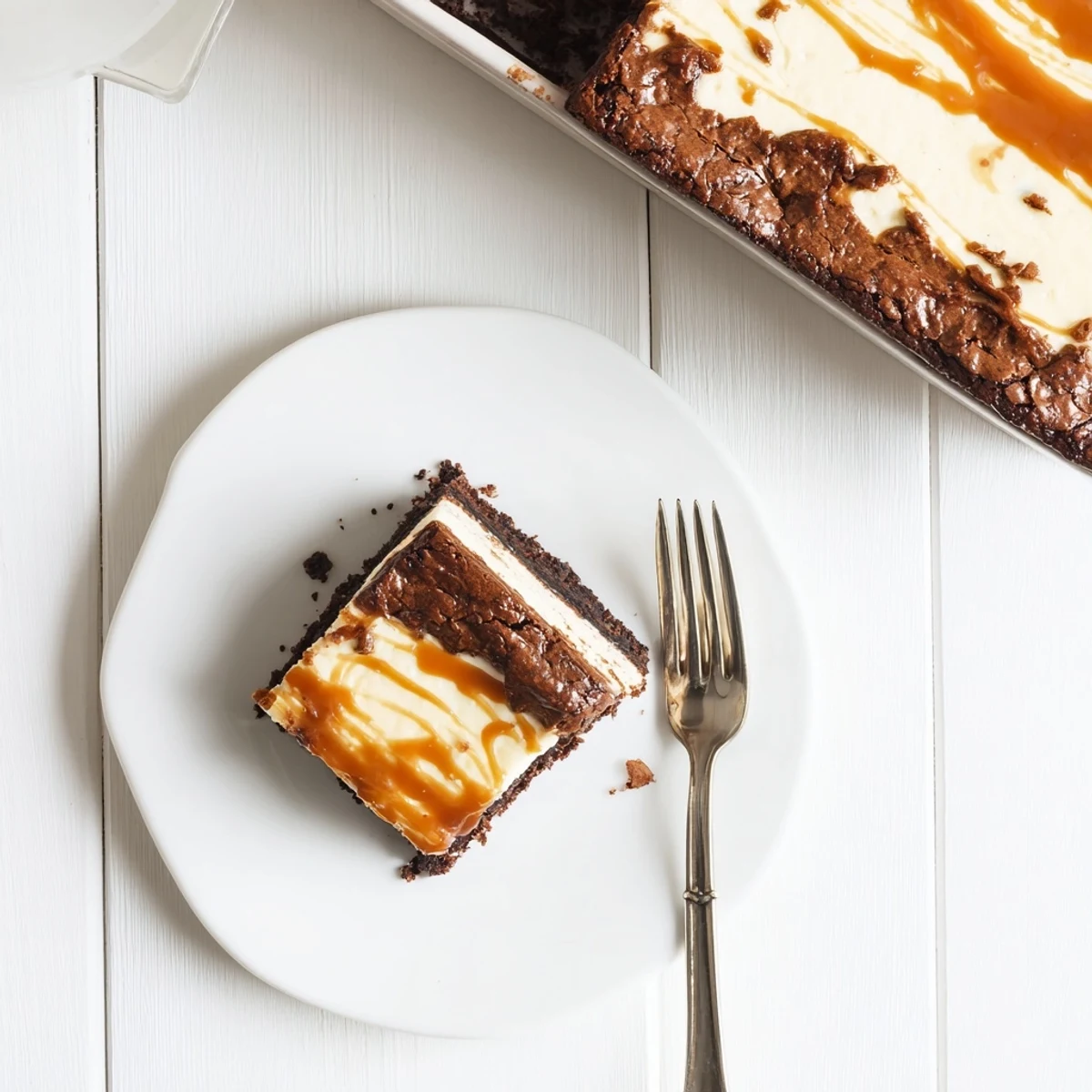Decadent caramel brownie cheesecake bliss with fudgy chocolate layers and gooey caramel topping drizzled generously over creamy cheesecake filling