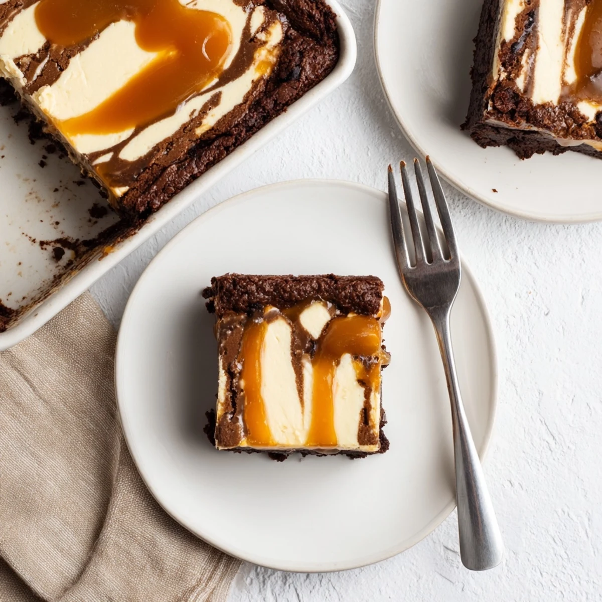 Rich caramel brownie cheesecake bliss bars showcasing golden caramel sauce pooling atop luscious vanilla cheesecake and dense fudgy brownie base