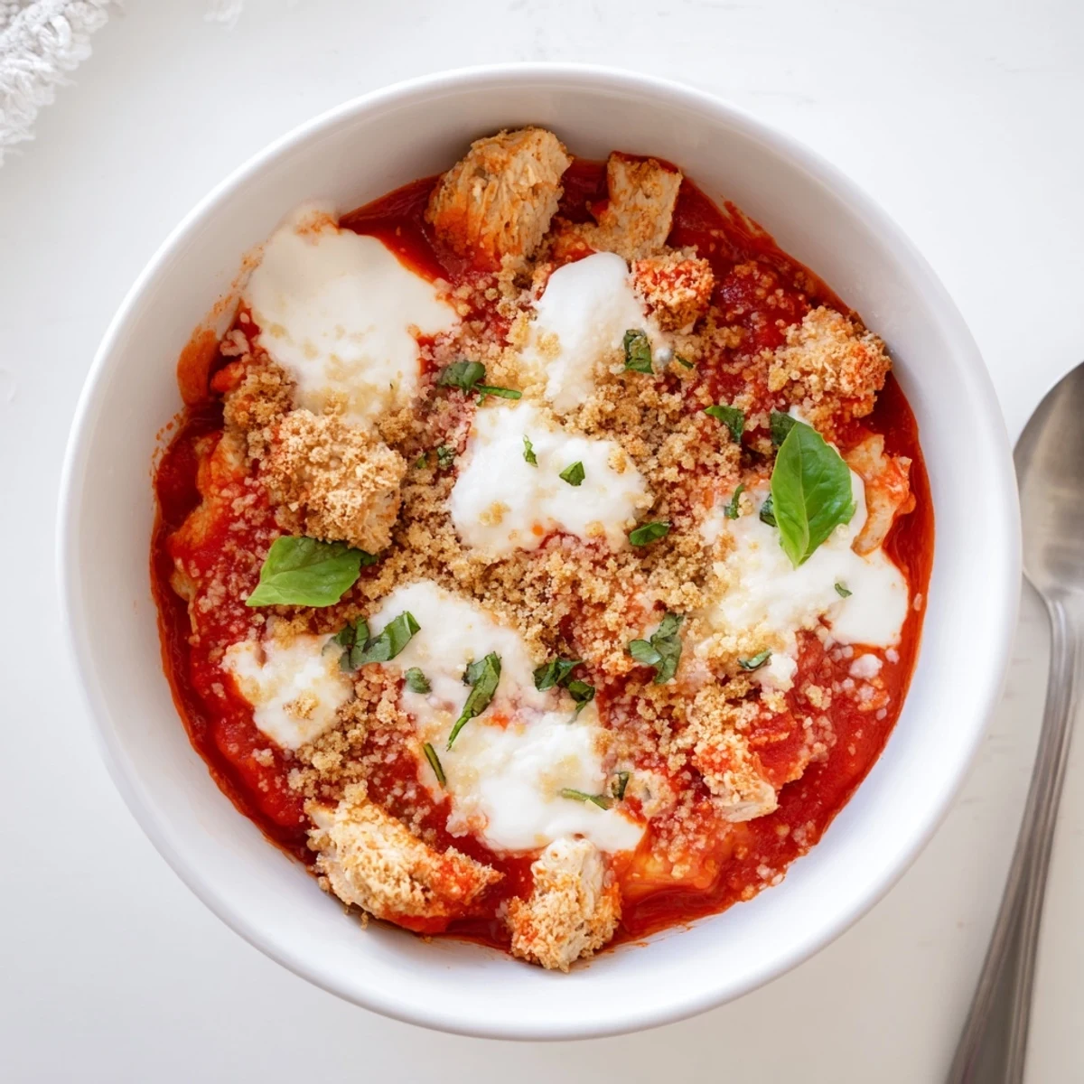 Golden brown chicken nestled in marinara and melted mozzarella with a crispy breadcrumb topping