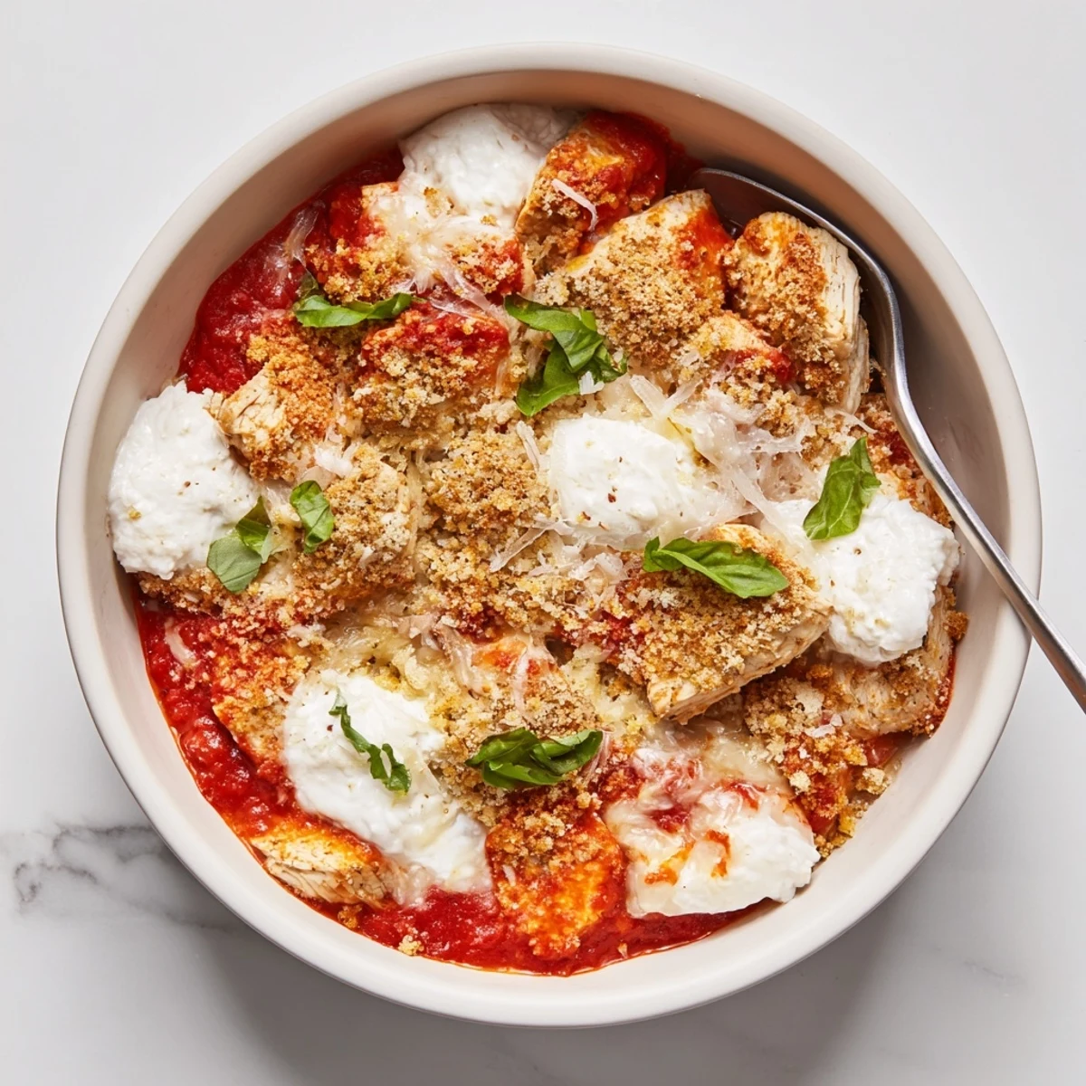 High protein chicken parmesan bowl featuring cottage cheese bubbling under golden melted cheese