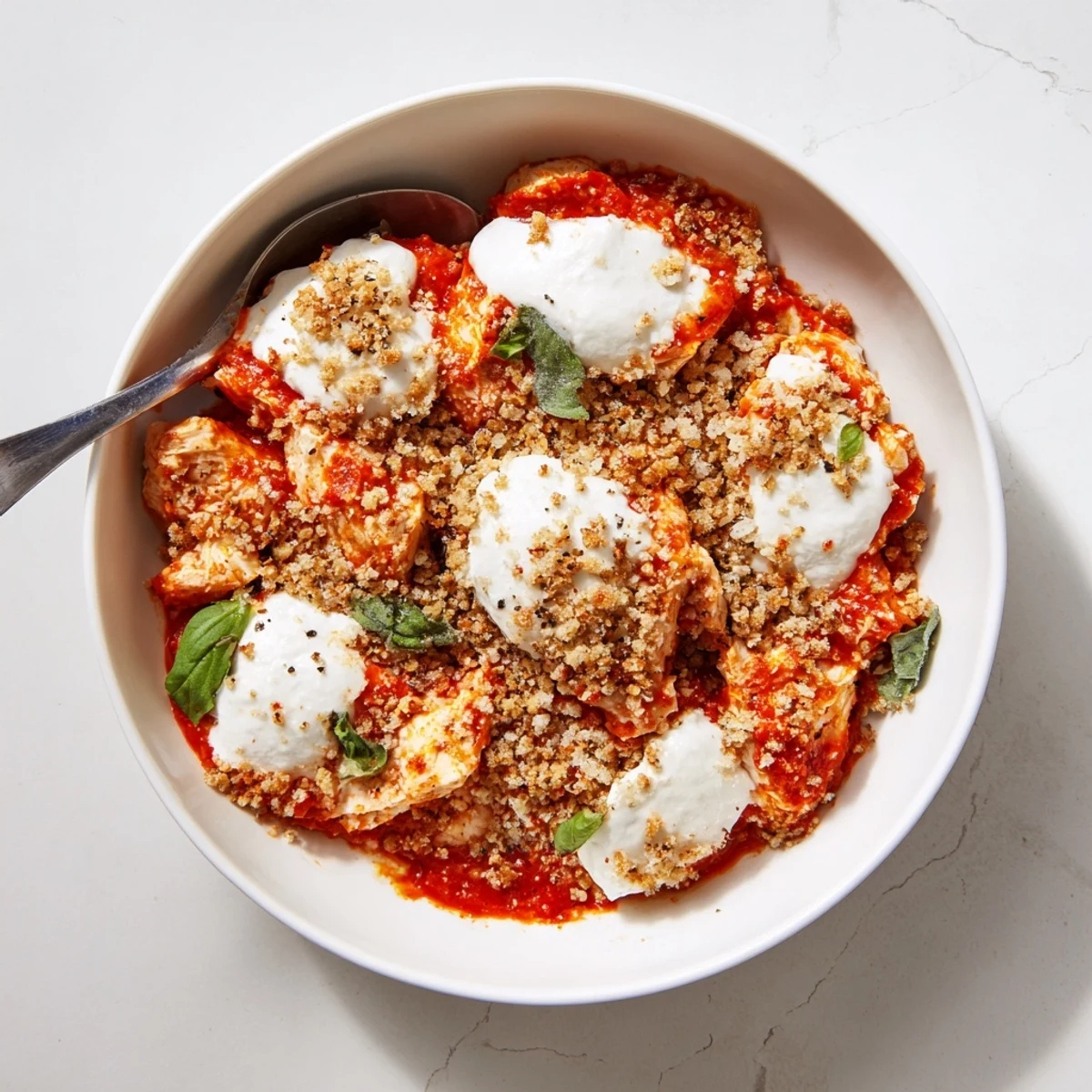 Chicken parmesan cottage cheese bowl topped with toasted panko and fresh green basil