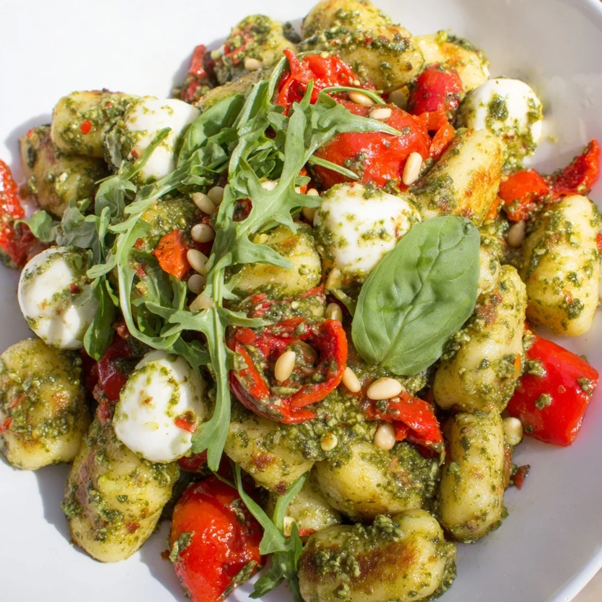 Golden roasted gnocchi salad with colorful vegetables and fresh mozzarella in pesto