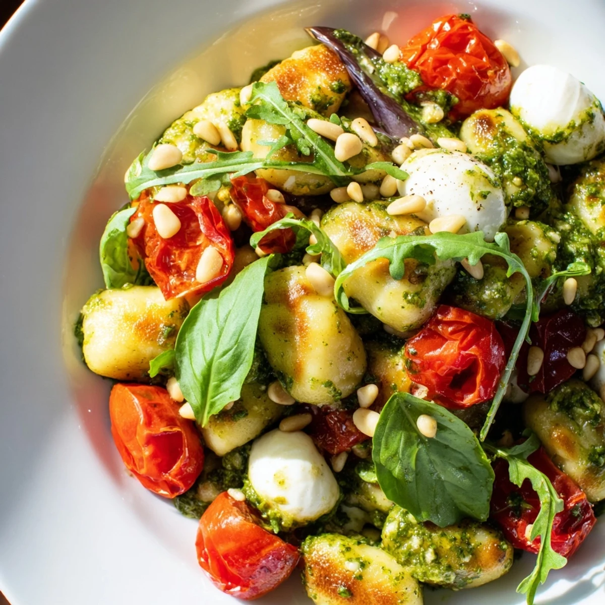 Warm Italian-style roasted gnocchi tossed with zesty pesto and melting mozzarella balls