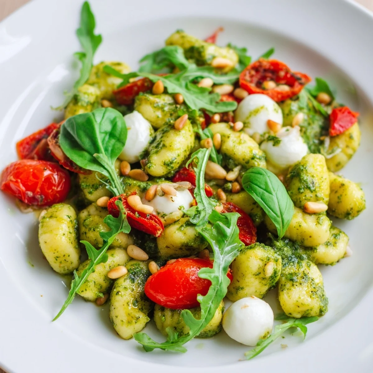 Crispy potato gnocchi salad featuring cherry tomatoes and fresh basil pesto dressing