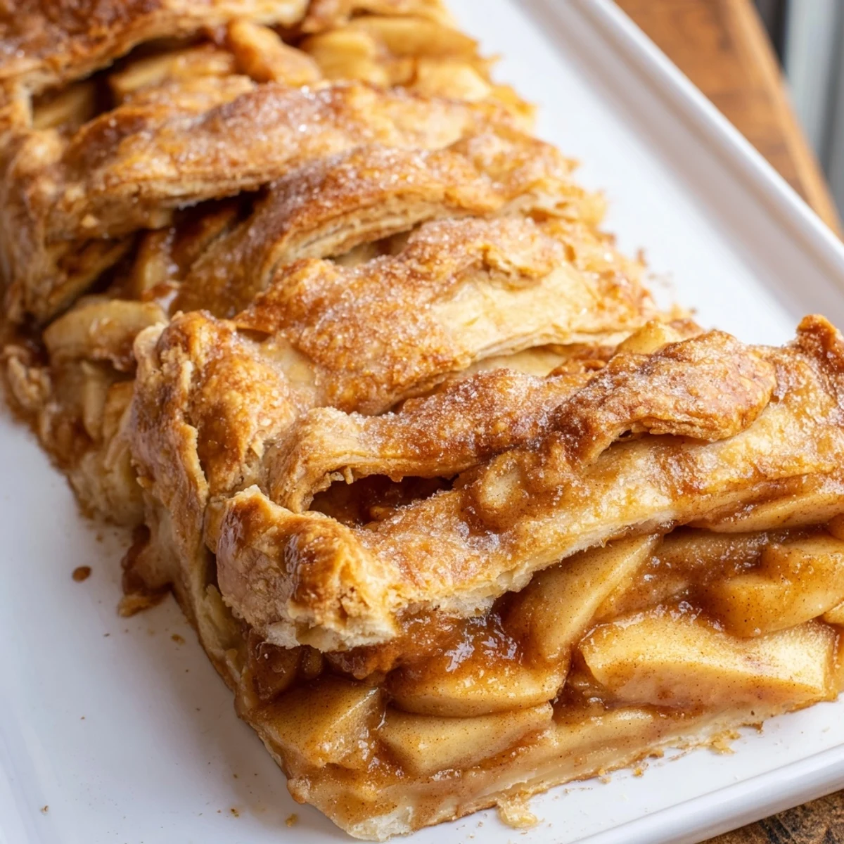 Golden apple slab pie with flaky crust spiced apple filling baked in rectangular pan