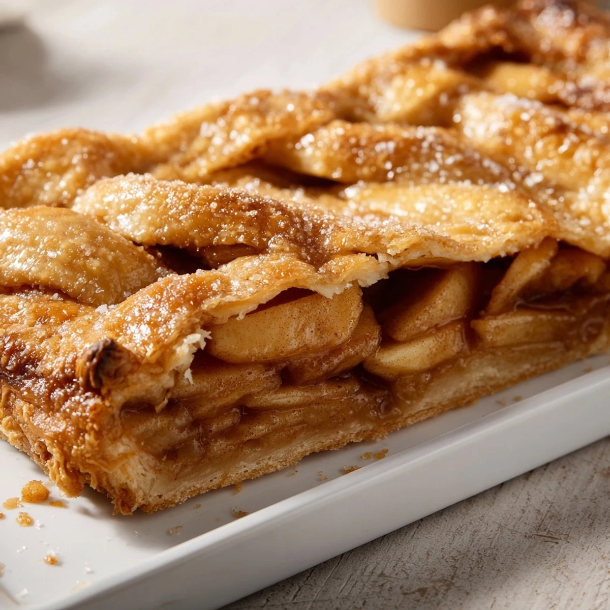 Rustic apple slab pie featuring bubbling cinnamon spiced fruit under buttery golden pastry layers