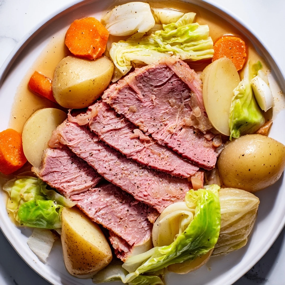 Sliced slow cooker corned beef served with tender cabbage wedges, carrots, and potatoes on a white platter