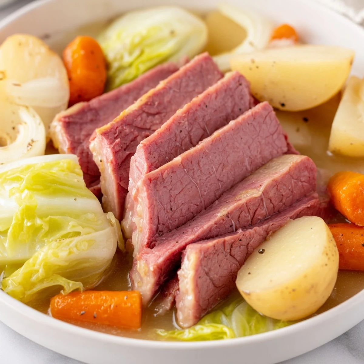 Hearty corned beef and cabbage meal glistening with savory broth, surrounded by Yukon gold potatoes and orange carrots