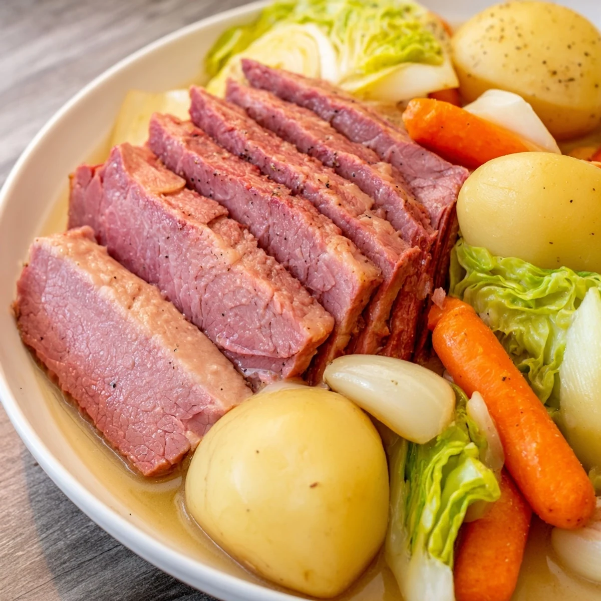 Comforting Irish-American corned beef dinner arranged beautifully with wedges of green cabbage and root vegetables