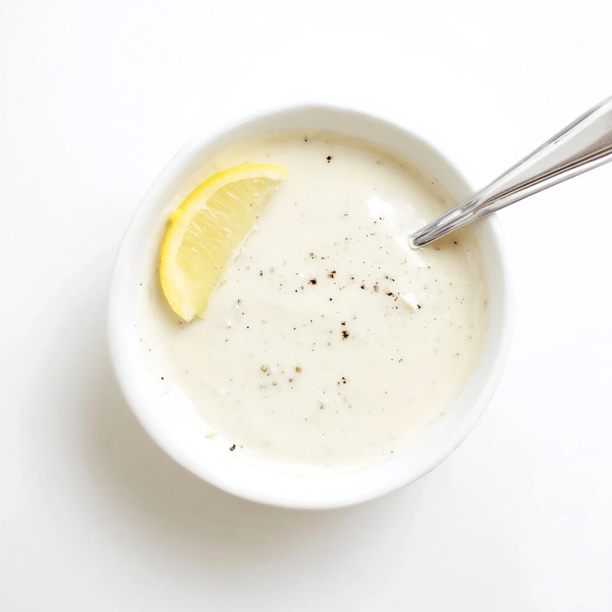 White bowl of smooth chicken shawarma garlic sauce garnished with paprika and parsley