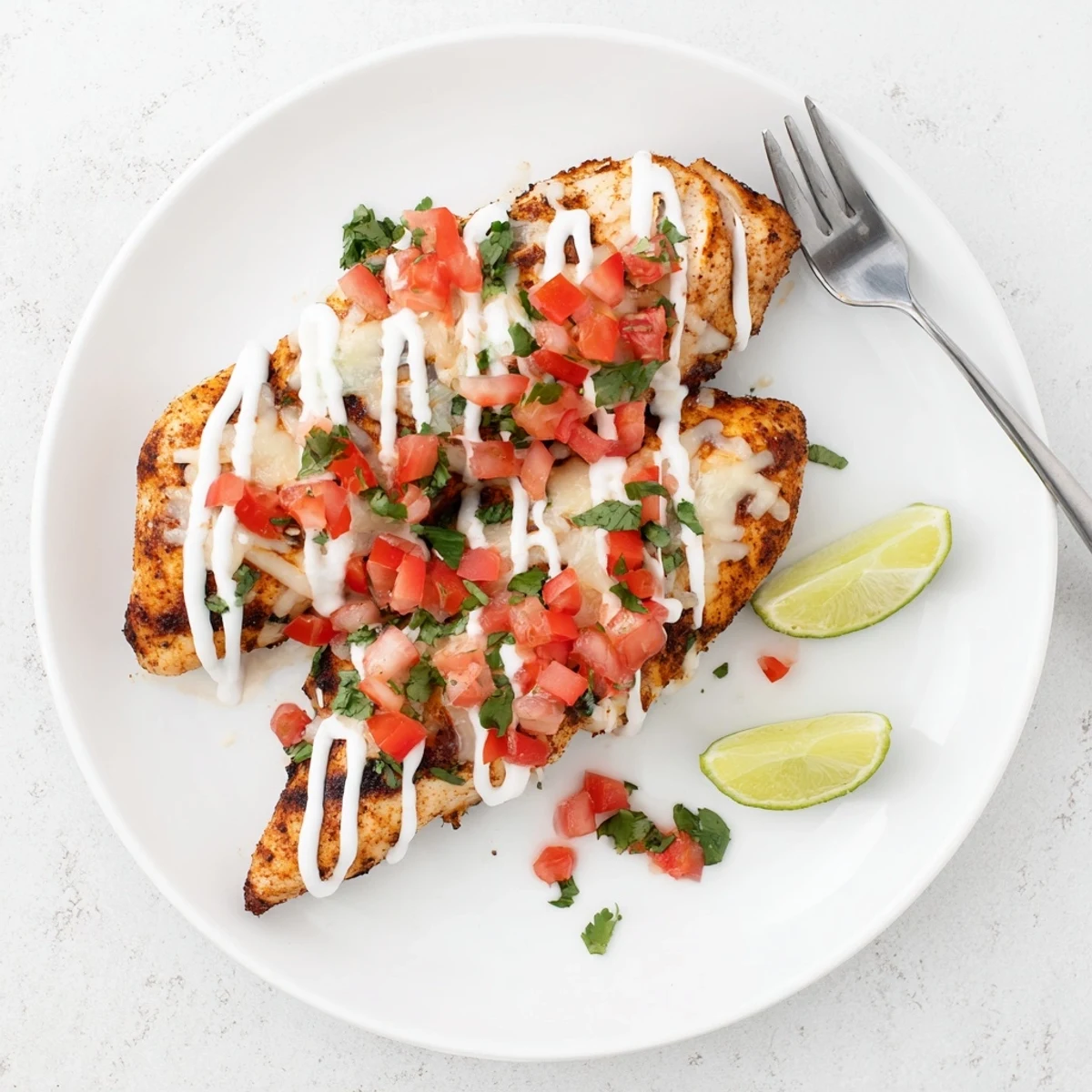 Golden grilled Fiesta Lime Chicken topped with melted cheddar cheese and drizzled with creamy fiesta sauce