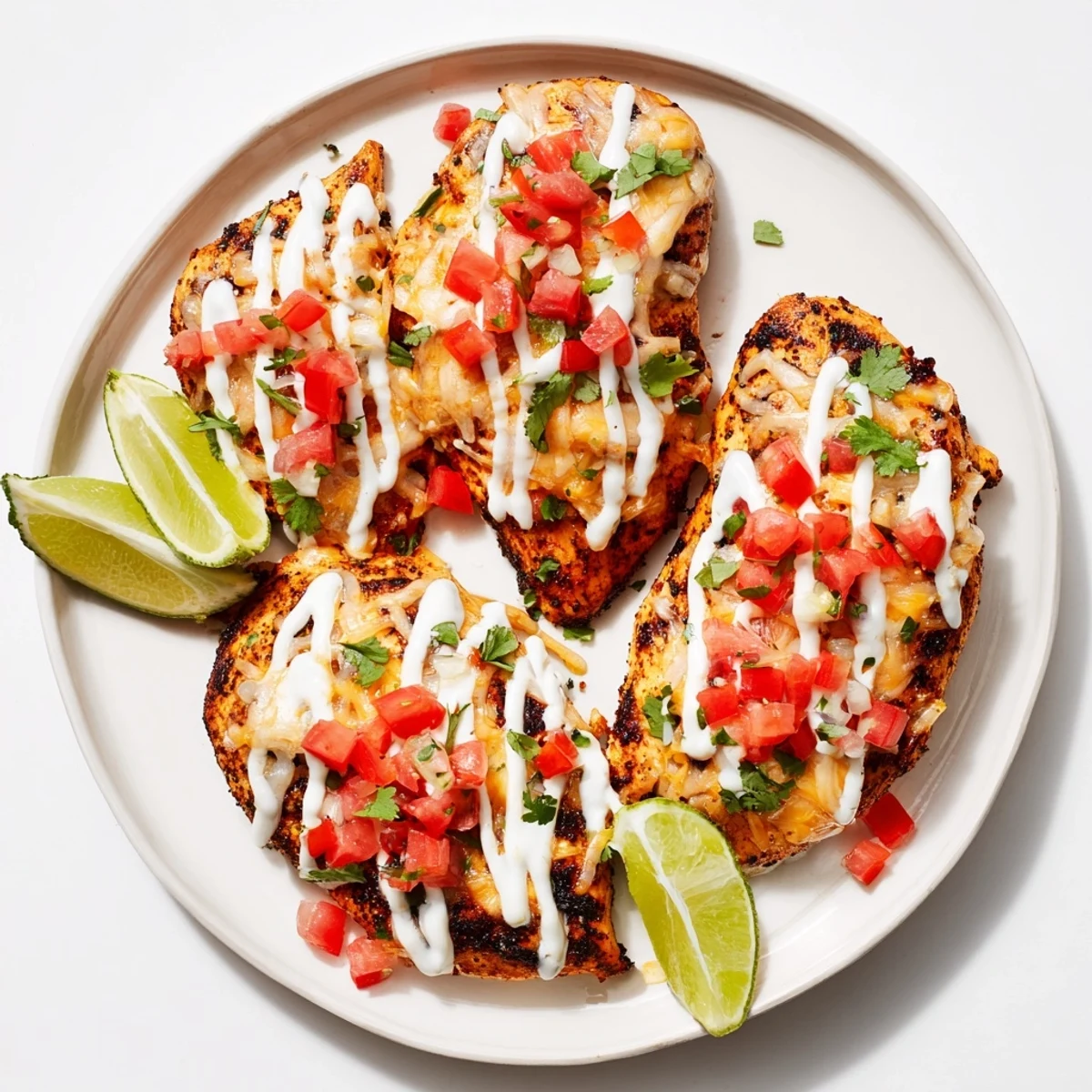 Zesty Fiesta Lime Chicken breasts grilled to perfection with fresh pico de gallo, cilantro, and lime wedges