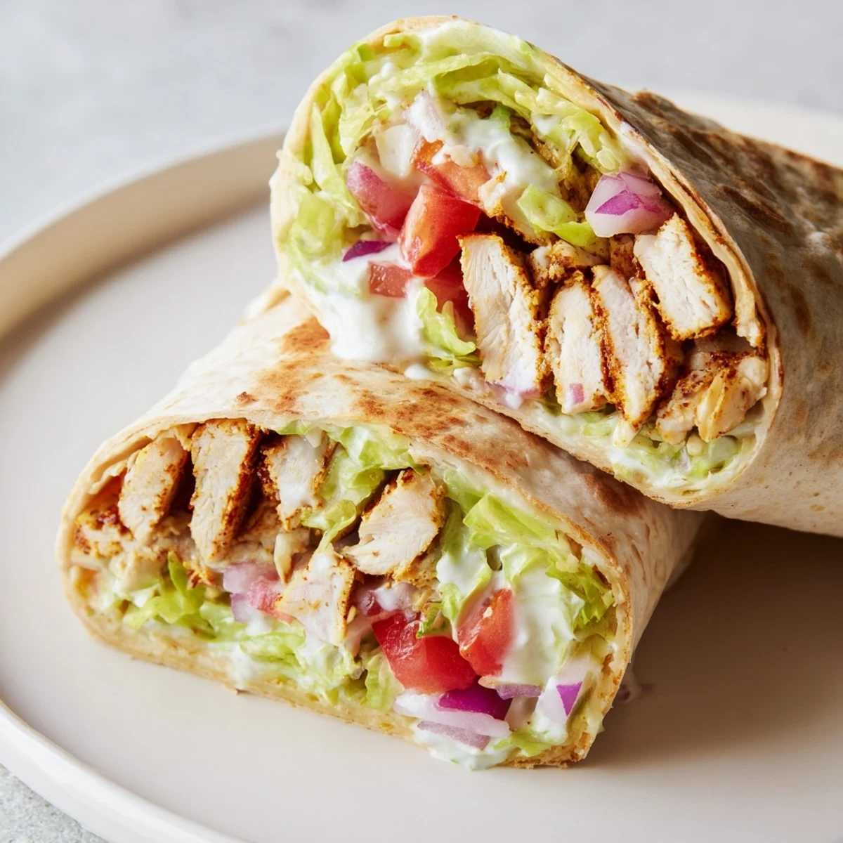 Golden crispy cottage cheese flatbread wrapped around juicy spiced grilled chicken strips with fresh lettuce and tomato