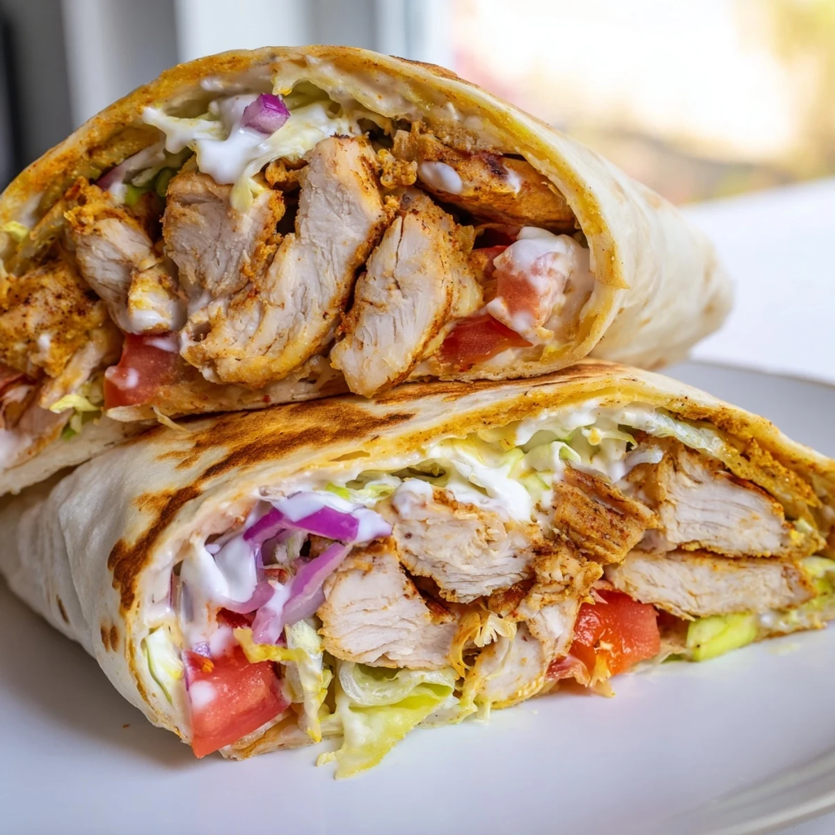High protein cottage cheese flatbread chicken wraps sliced open revealing spiced meat, crunchy veggies and creamy yogurt sauce