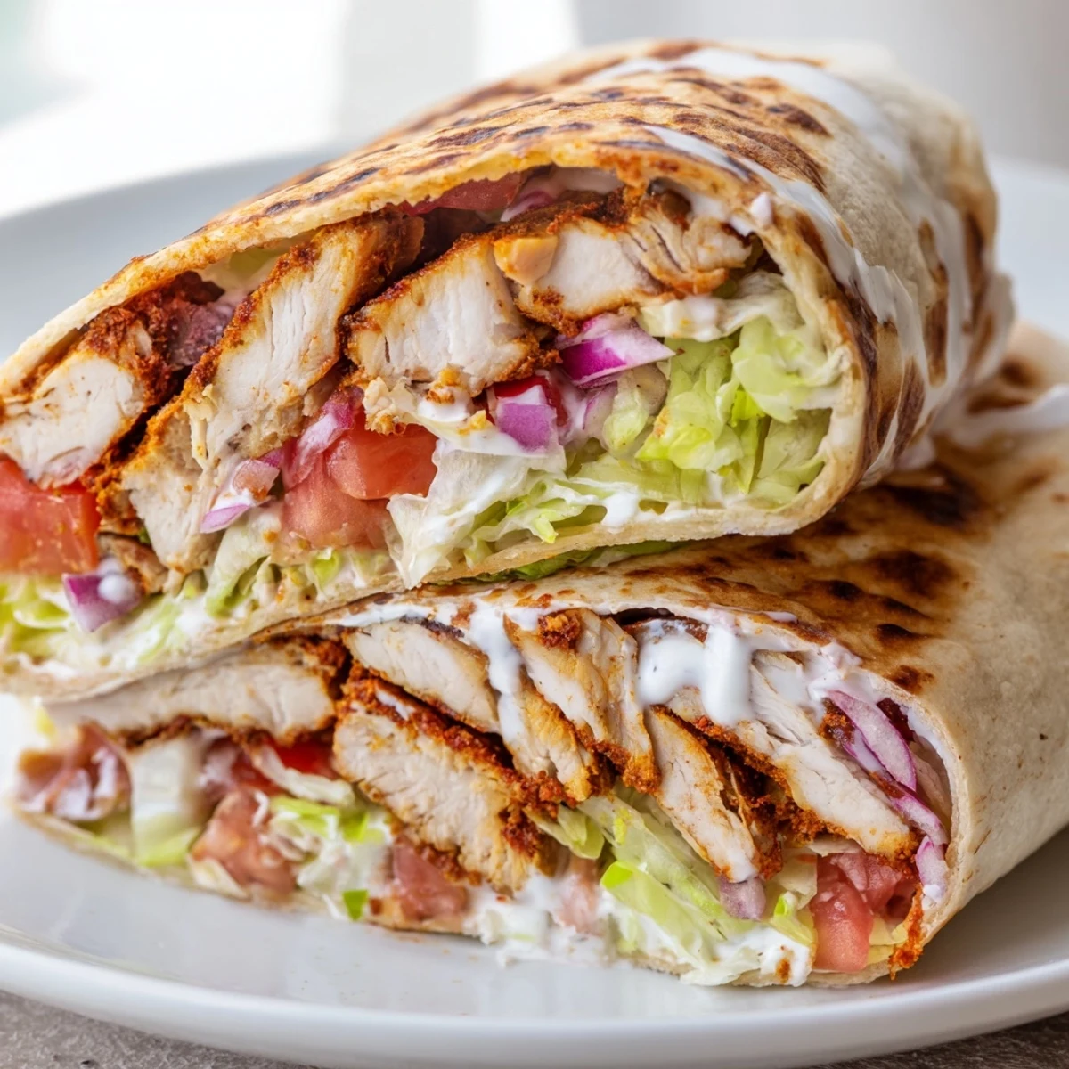 Protein-packed wrap featuring crisp cheesy flatbread filled with seasoned grilled chicken and crisp vegetables ready for lunch