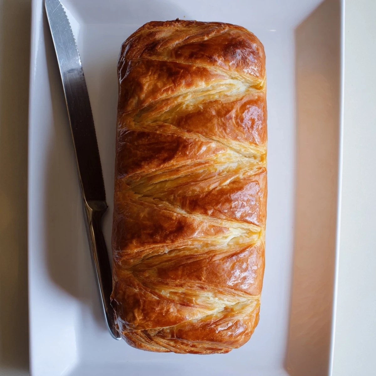 Golden homemade croissant bread loaf with flaky layered interior and glossy egg-washed crust