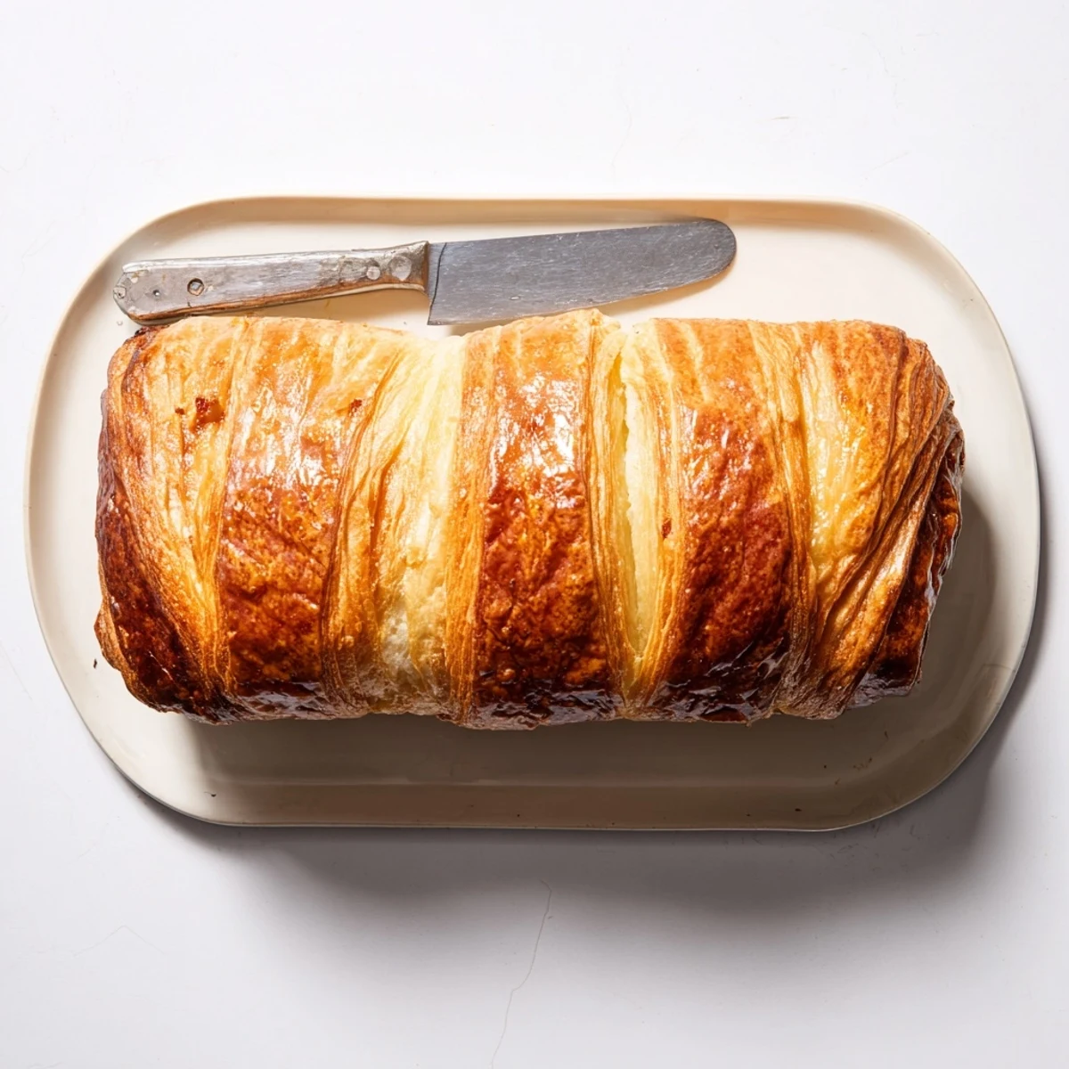 Sliced buttery homemade croissant bread on wooden board revealing tender flaky French pastry layers