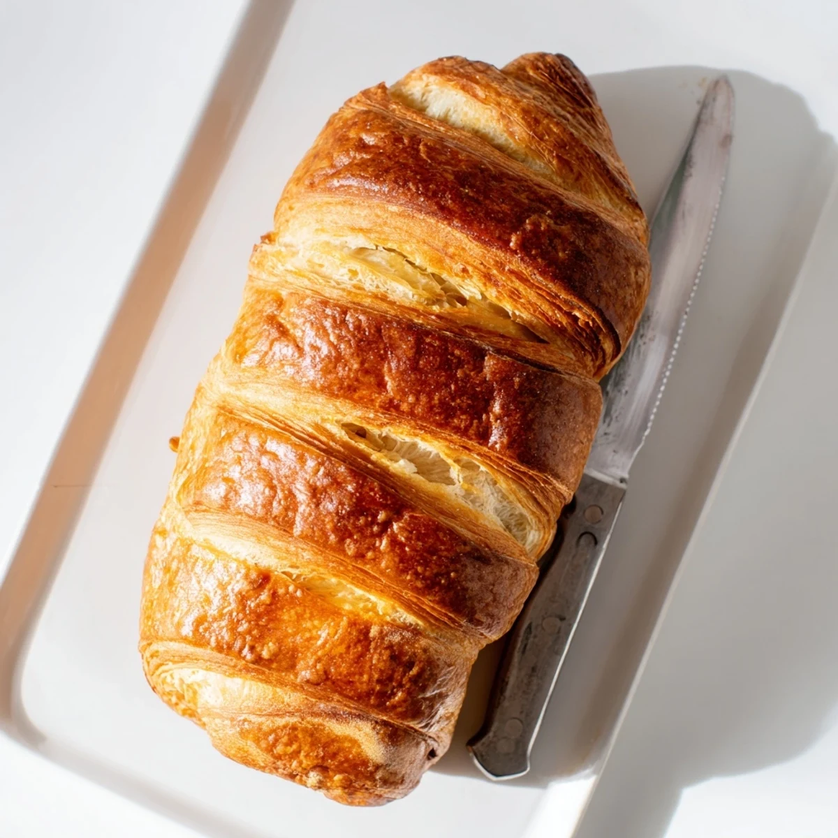 Freshly baked homemade croissant bread cooling on wire rack with golden brown caramelized exterior
