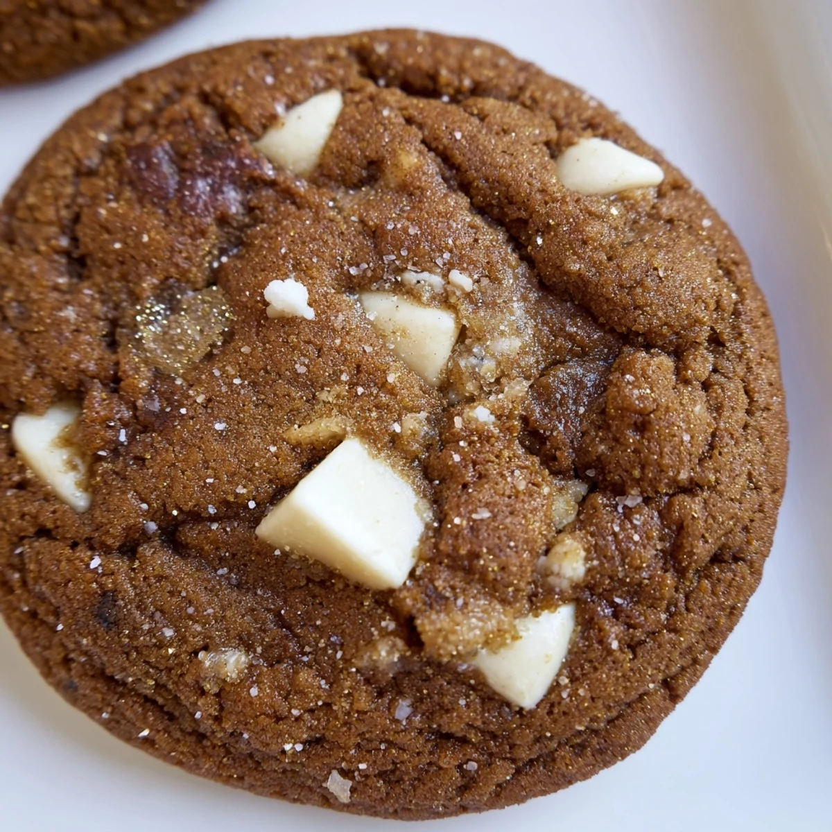 Warm spiced gingerbread white chocolate cookies stacked on a rustic wooden board