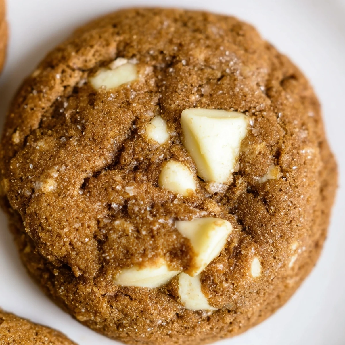 Golden brown gingerbread white chocolate cookies fresh from the oven with gooey centers