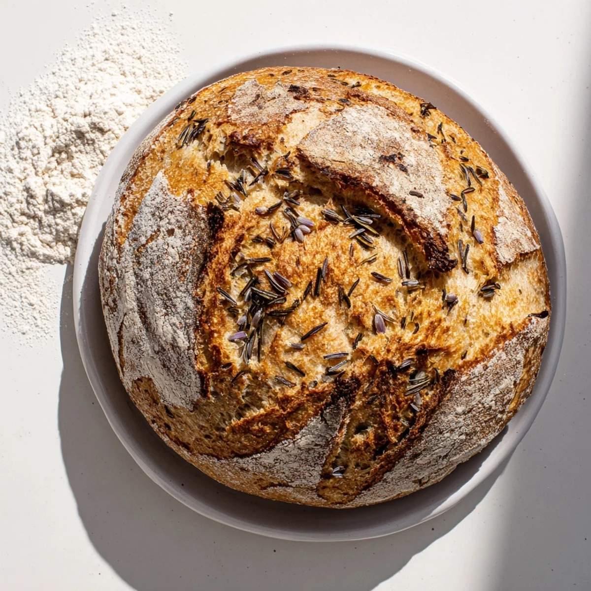 Golden crusty Dutch oven garlic rosemary bread fresh from the oven with fragrant herbs