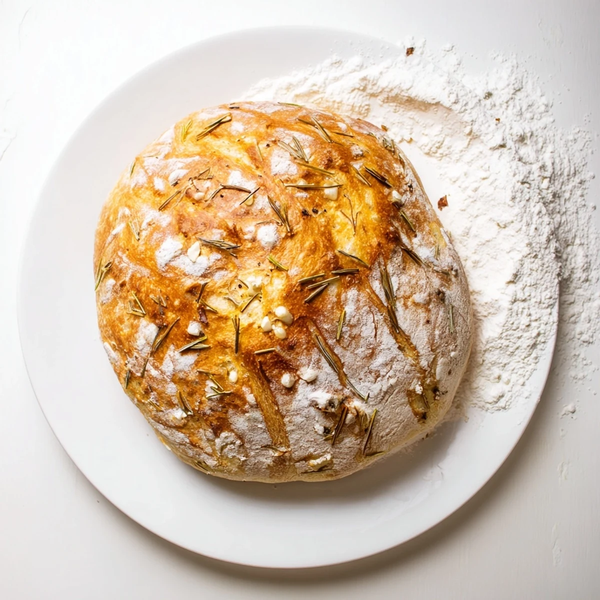 Rustic round loaf of Dutch oven garlic rosemary bread with a crackling brown surface