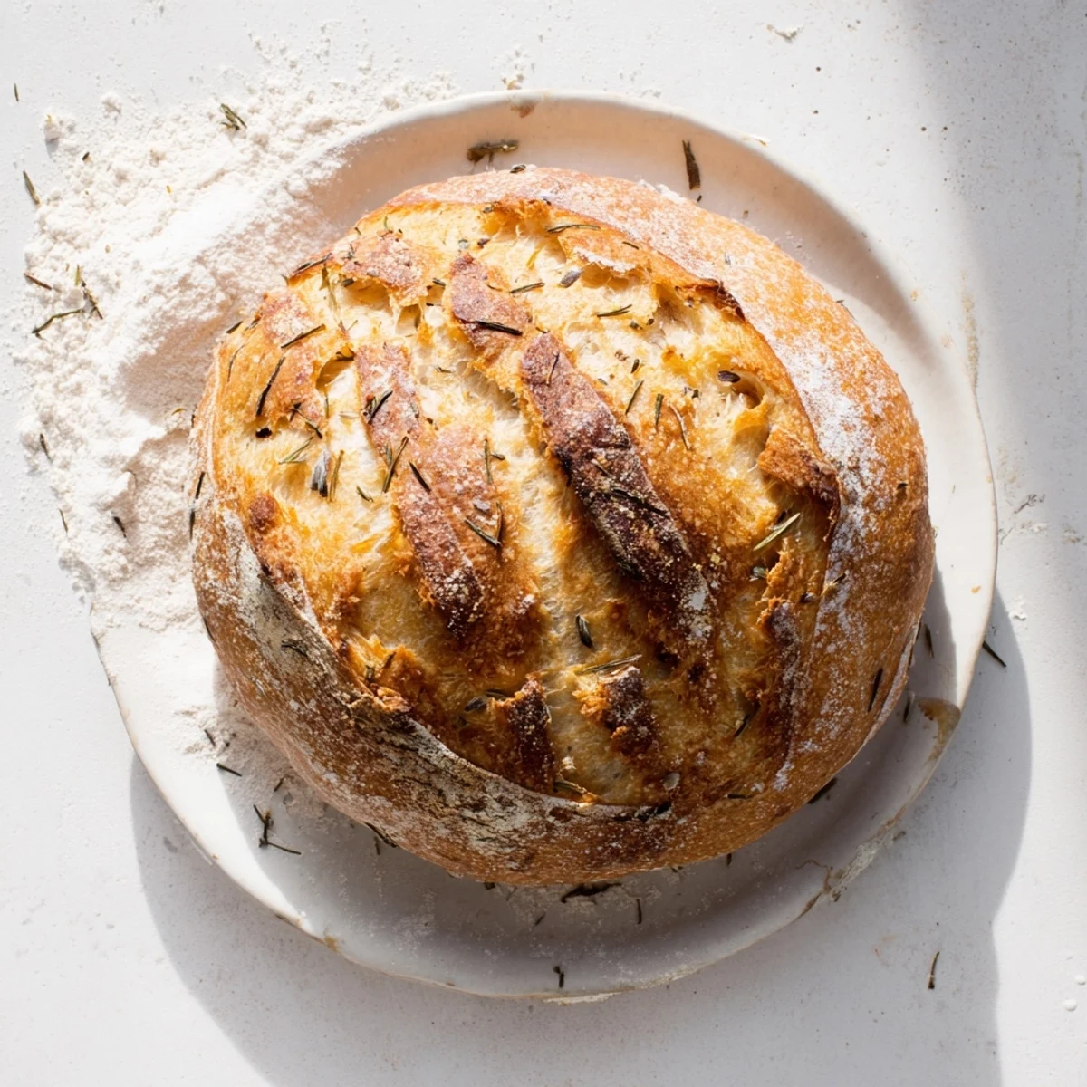 Homemade Dutch oven garlic rosemary bread sliced open revealing soft interior and aromatic rosemary
