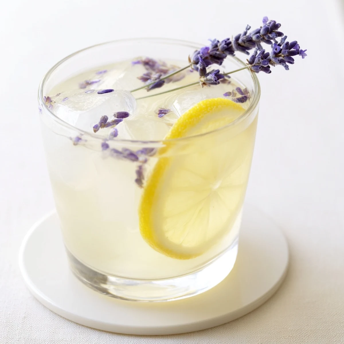 Glass pitcher of lavender lemonade garnished with fresh lemon slices and purple sprigs