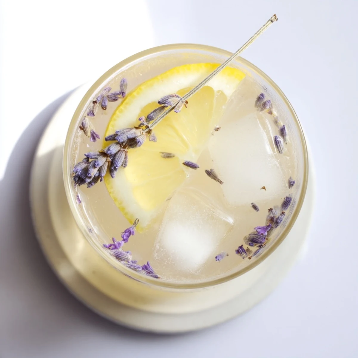 Refreshing lavender lemonade served over ice in a clear pitcher with floating citrus