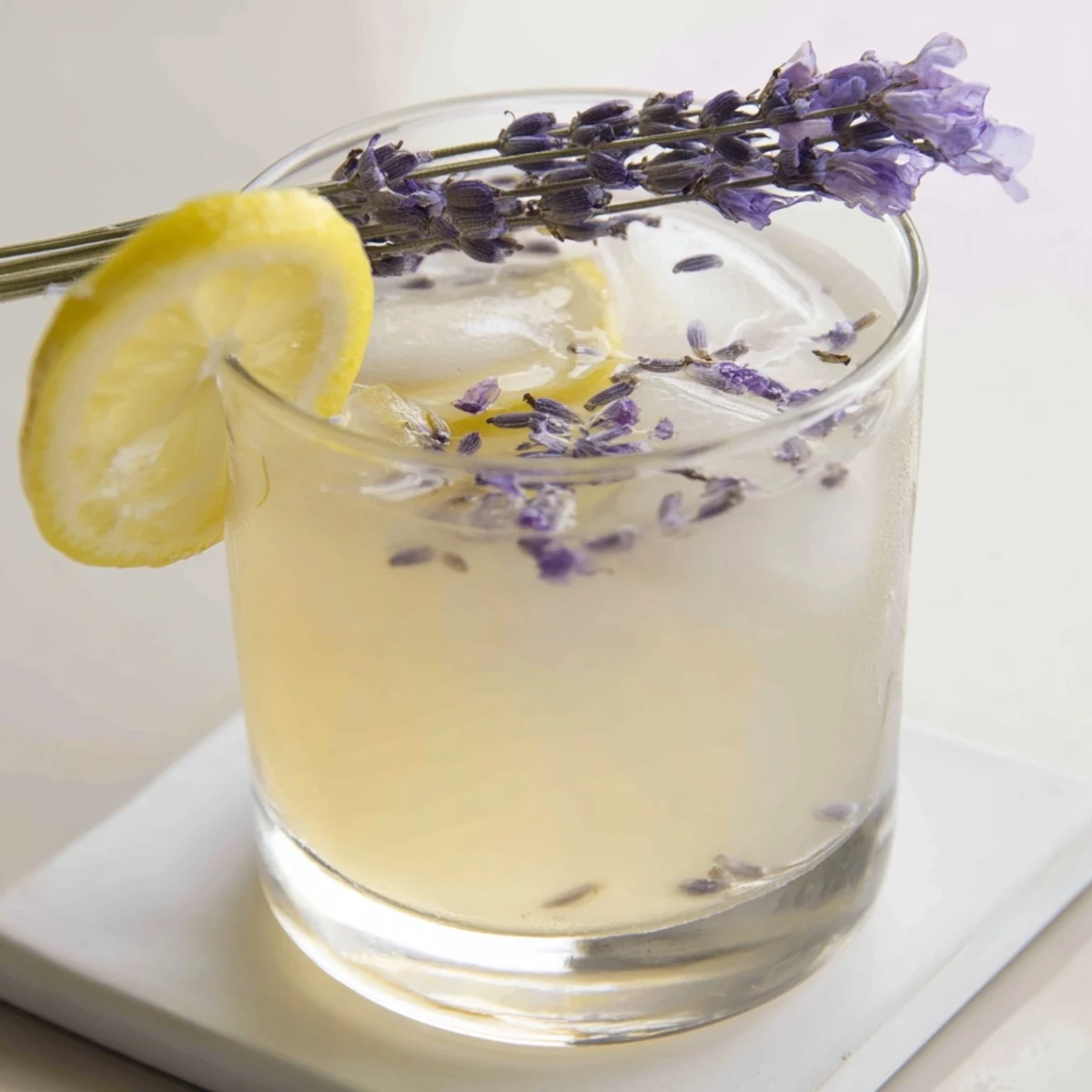 Homemade lavender lemonade displaying pale yellow color with lavender infusion and lemon wheel garnish