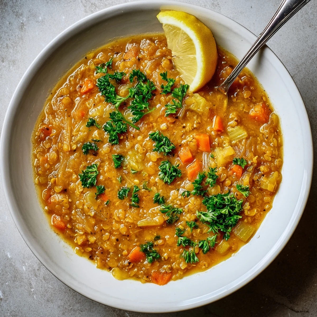 Creamy bowl of caramelized onion red lentil soup topped with fresh green parsley and served with crusty bread