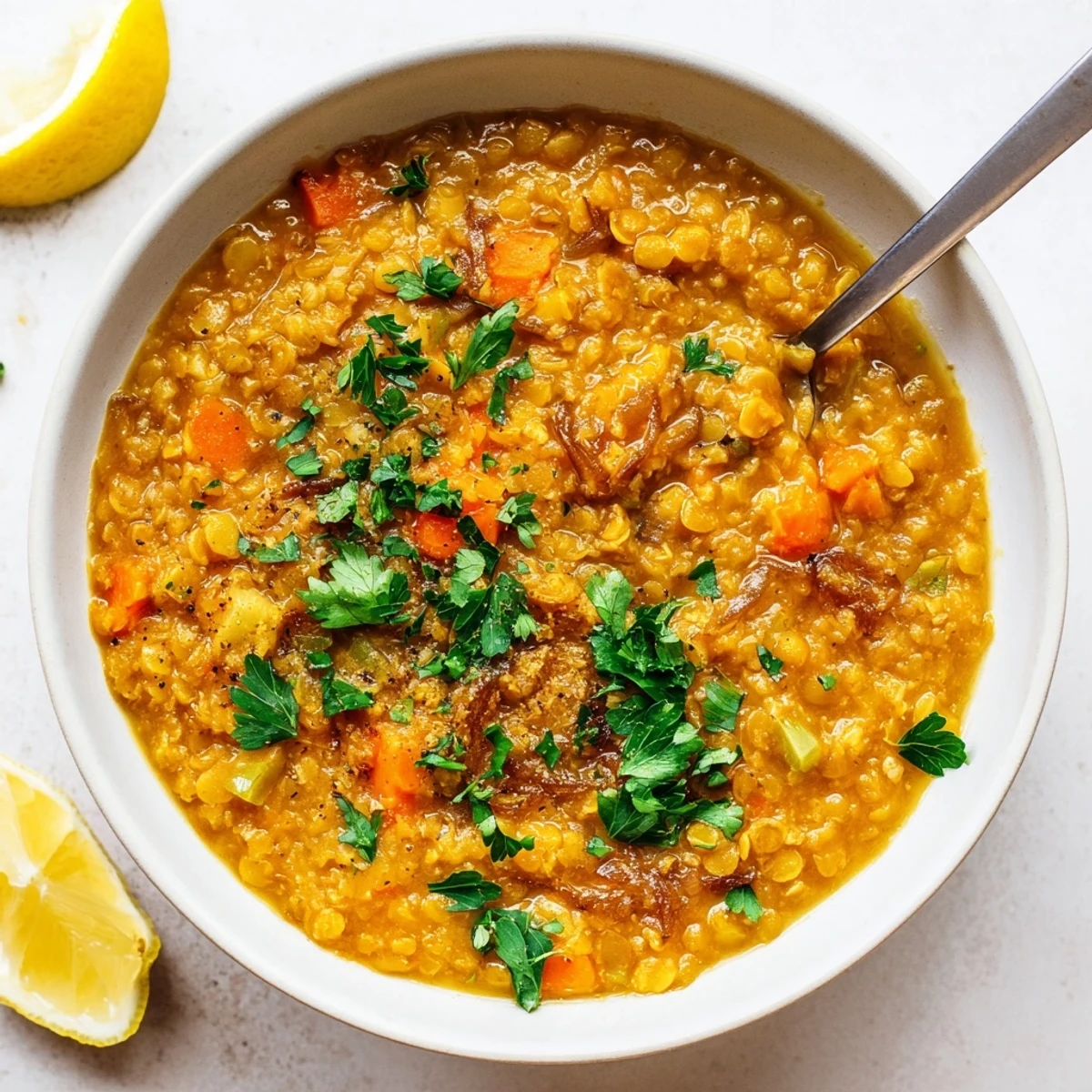 Golden caramelized onion red lentil soup steaming in a white bowl with a lemon wedge garnish