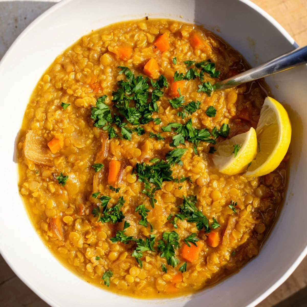 Hearty vegetarian caramelized onion red lentil soup with a smooth texture and vibrant orange-red color