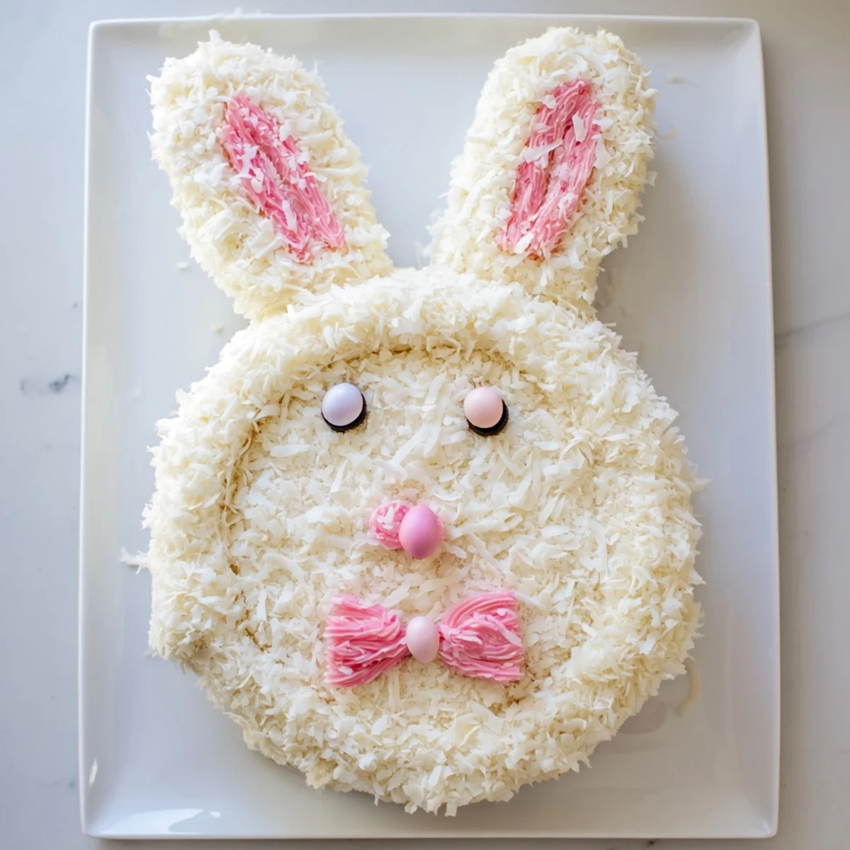 Festive Easter bunny cake featuring vanilla layers, buttercream frosting, and sweet coconut fur decoration