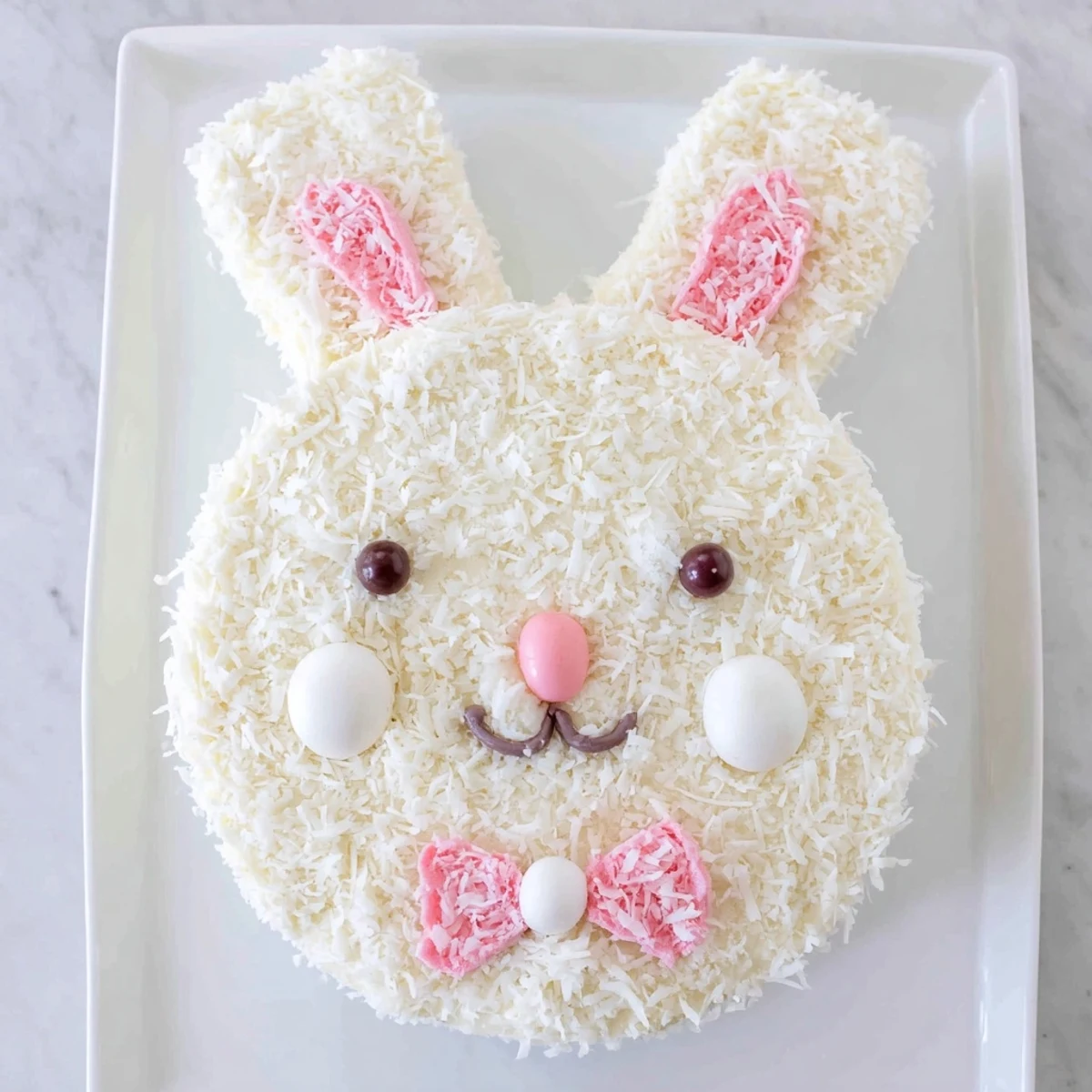 Adorable bunny cake covered in fluffy coconut with pink candy ears and whiskers for Easter dessert