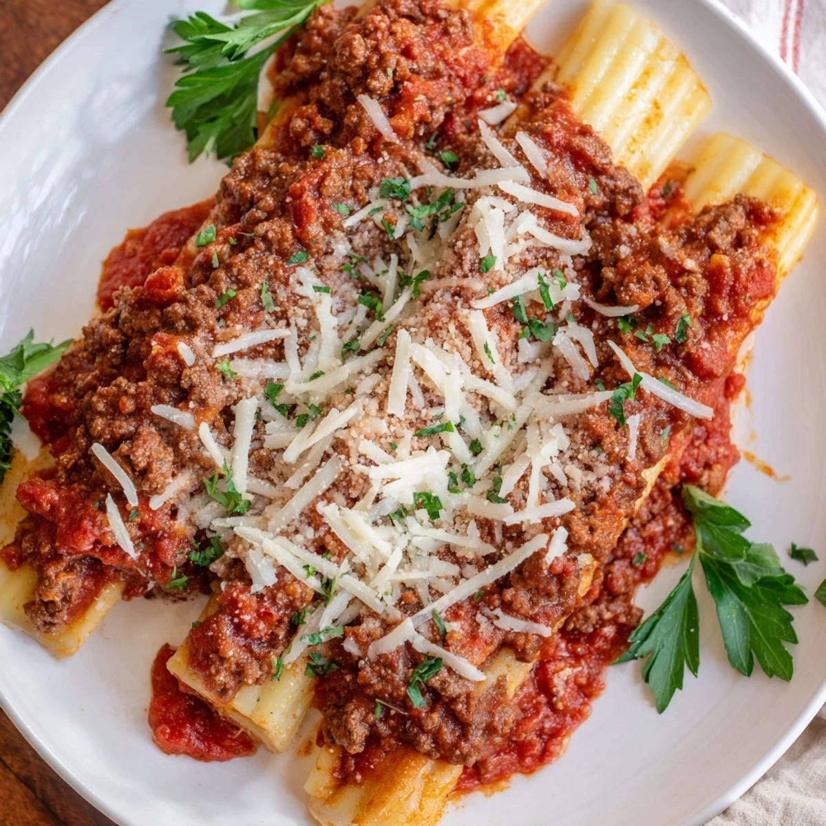Golden baked cheesy stuffed manicotti smothered in rich homemade meat sauce with melted mozzarella topping