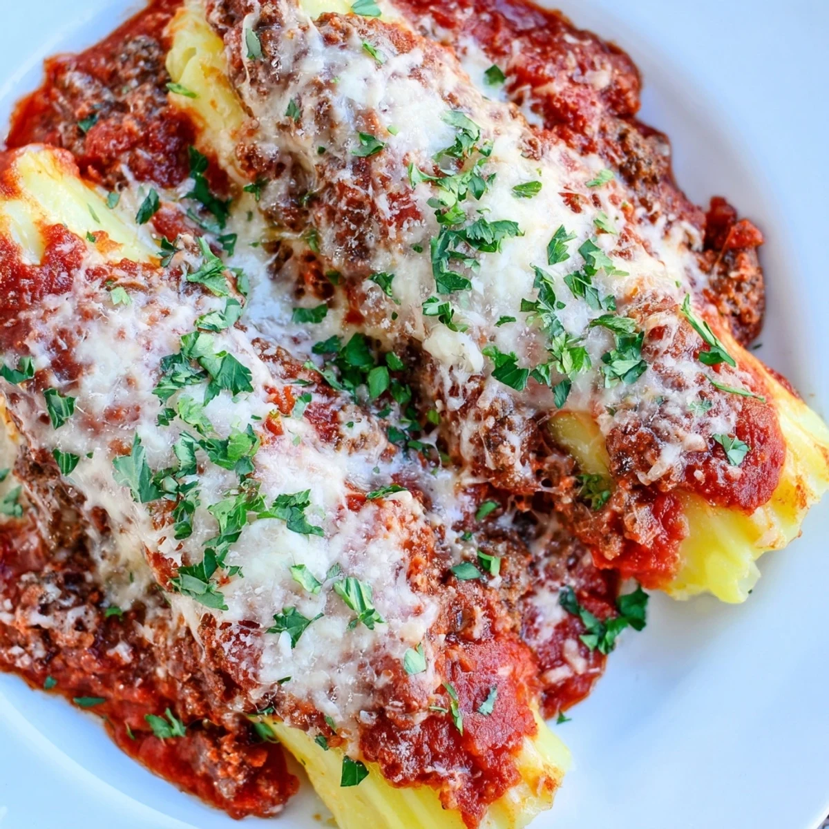 Tender pasta shells filled with creamy ricotta cheese mixture and savory seasoned ground beef tomato sauce